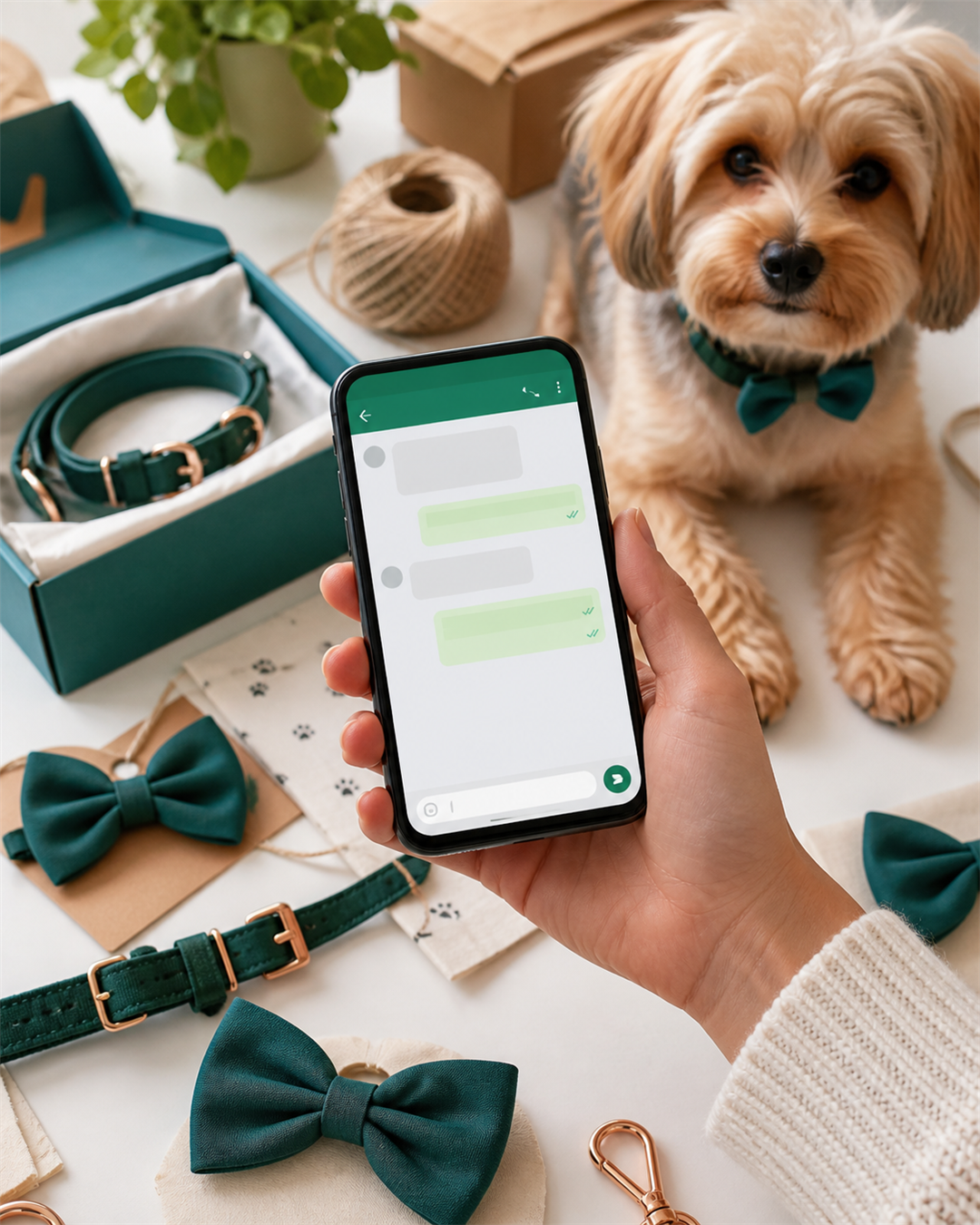 Celular com conversa de atendimento ao lado de acessórios pet e cachorro.